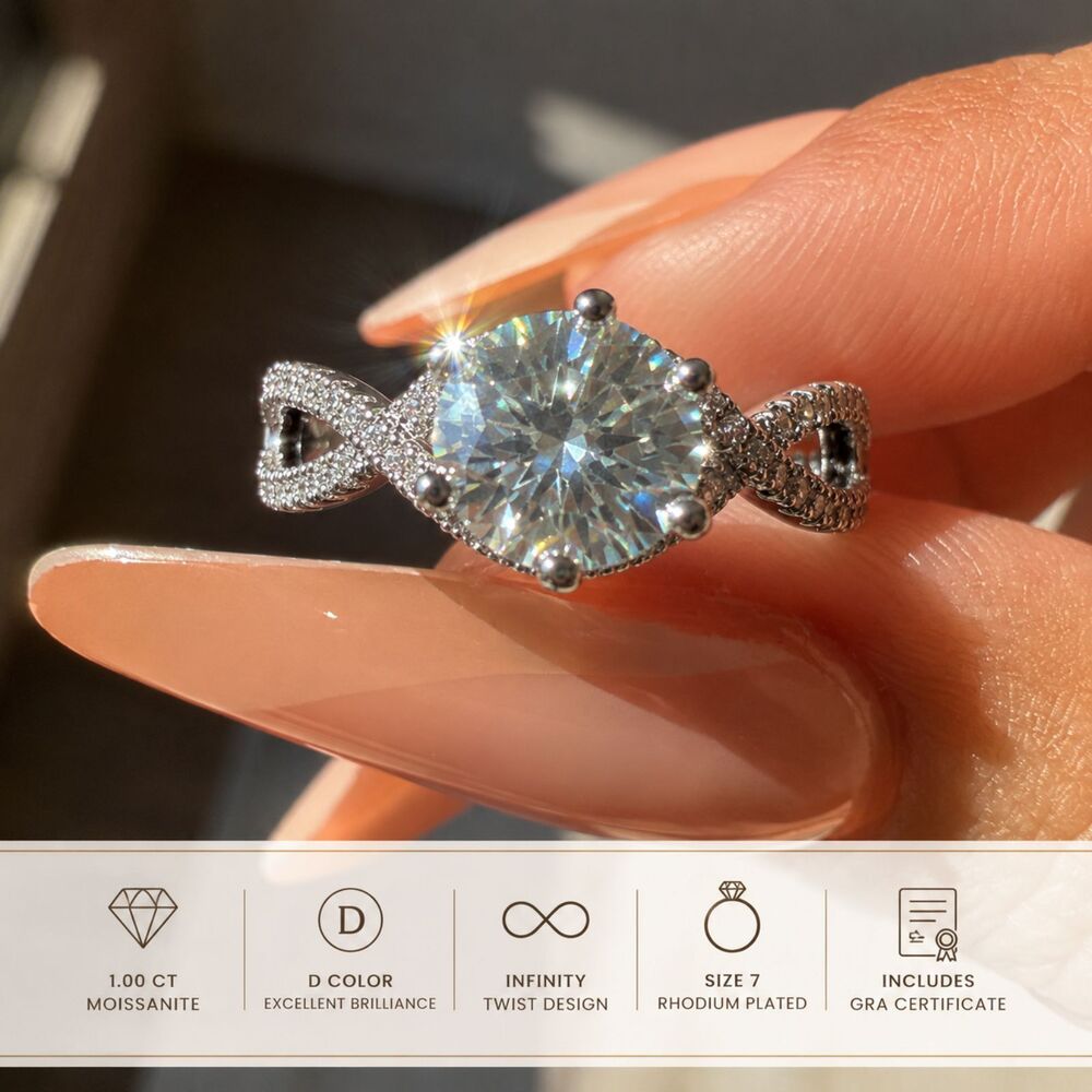 1 CT - D Color Moissanite Infinity Ring Size 7 Rhodium Plated GRA Certificate